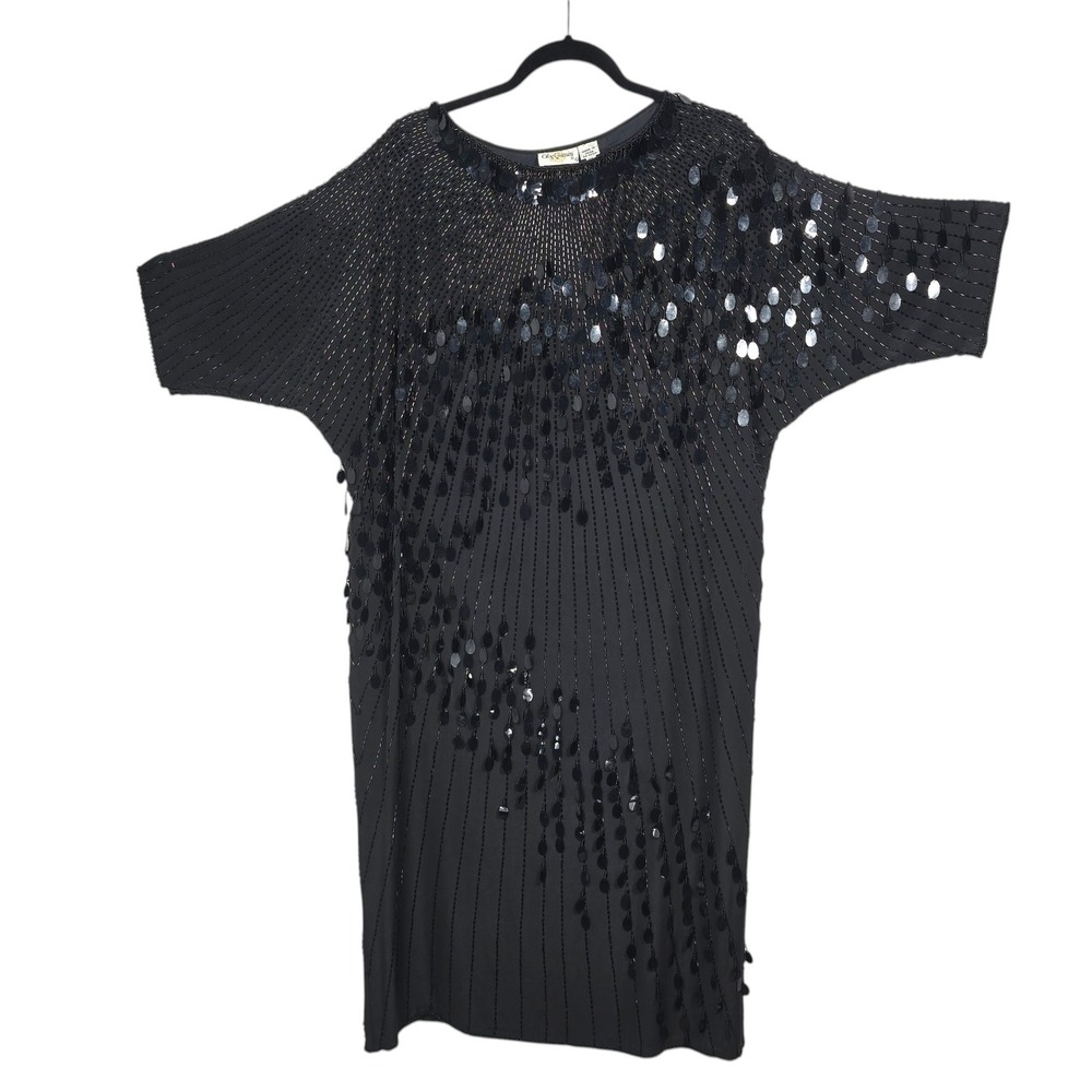 Oleg Cassini Vintage Black Tie Shift Dress Womens 14 Silk Beaded Sequin Formal - Picture 3 of 12